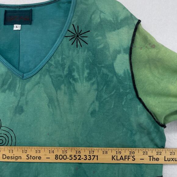 BREAD Top Womens L 3/4 Sleeve Patchwork Lagenlook Tie Dye Asymmetric Green - Picture 14 of 16